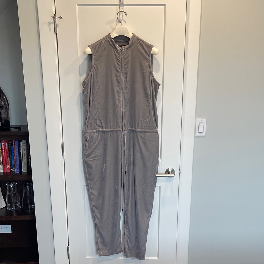 Wildfang Light Gray Velvet Drawstring Waist w/ Pockets Zip Up Sleeveless Jumpsui
